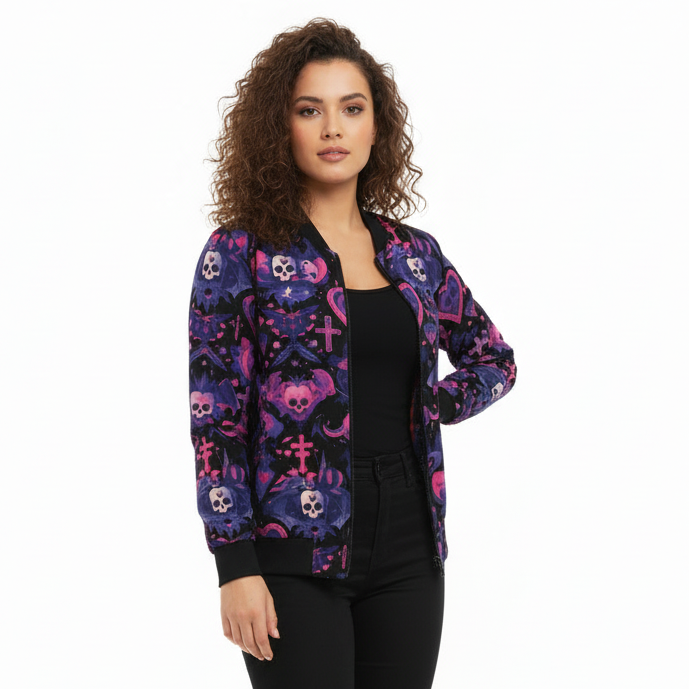 Phantom Clash bomber jacket with gothic edge

Alternative fashion punk rock bomber jacket

Edgy gothic bomber jacket in phantom black