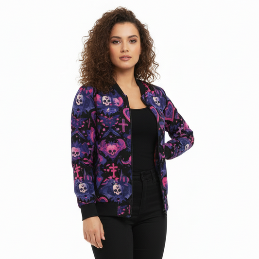 Phantom Clash bomber jacket with gothic edge

Alternative fashion punk rock bomber jacket

Edgy gothic bomber jacket in phantom black