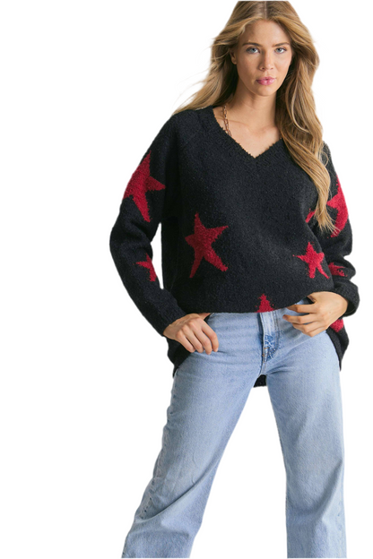 Oversized gothic sweater with star print design
V-neck grunge knit sweater with star motif
Alternative fashion oversized knit sweater in gothic style