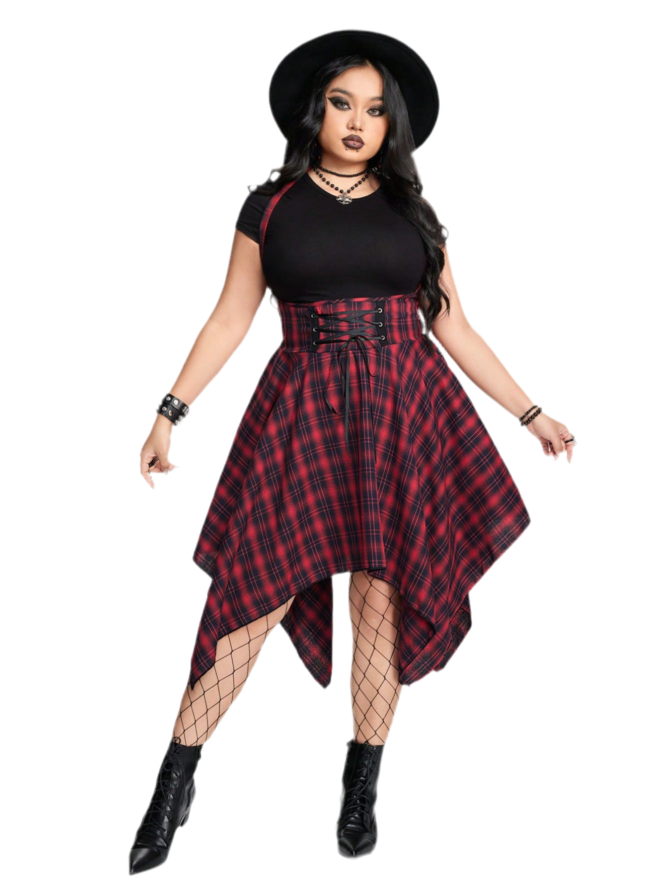Grunge plaid jumpsuit dress - alternative Valentine's fashion featuring asymmetric hem and inclusive sizing S-5XL