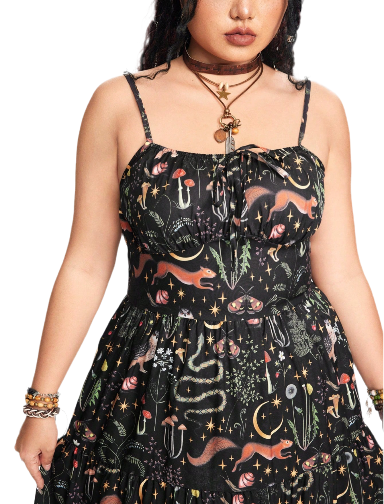Gothic A-line dress with bunny and botanical print - dark romantic fashion featuring slim fit and inclusive sizing S-5XL