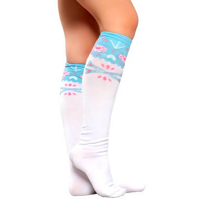 White sugar skull socks with gothic print
Alternative fashion crew socks with sugar skull design
Punk rock novelty socks in white with skull motif

