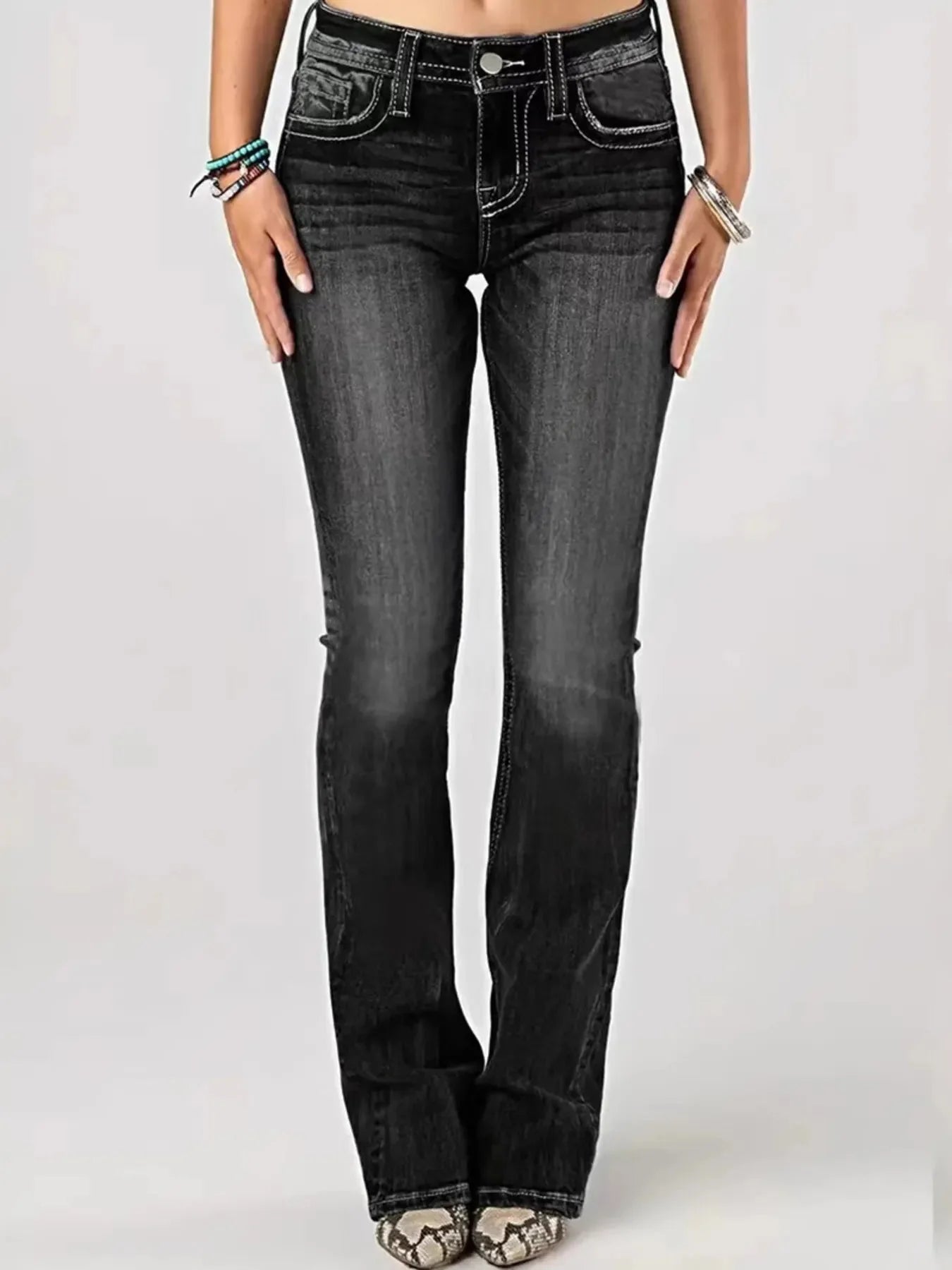Washed Bootcut Embroidered Jeans