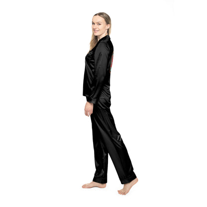 "Luxurious black satin pajama set with notch lapel collar and custom rebel design, showcasing alternative loungewear elegance"
