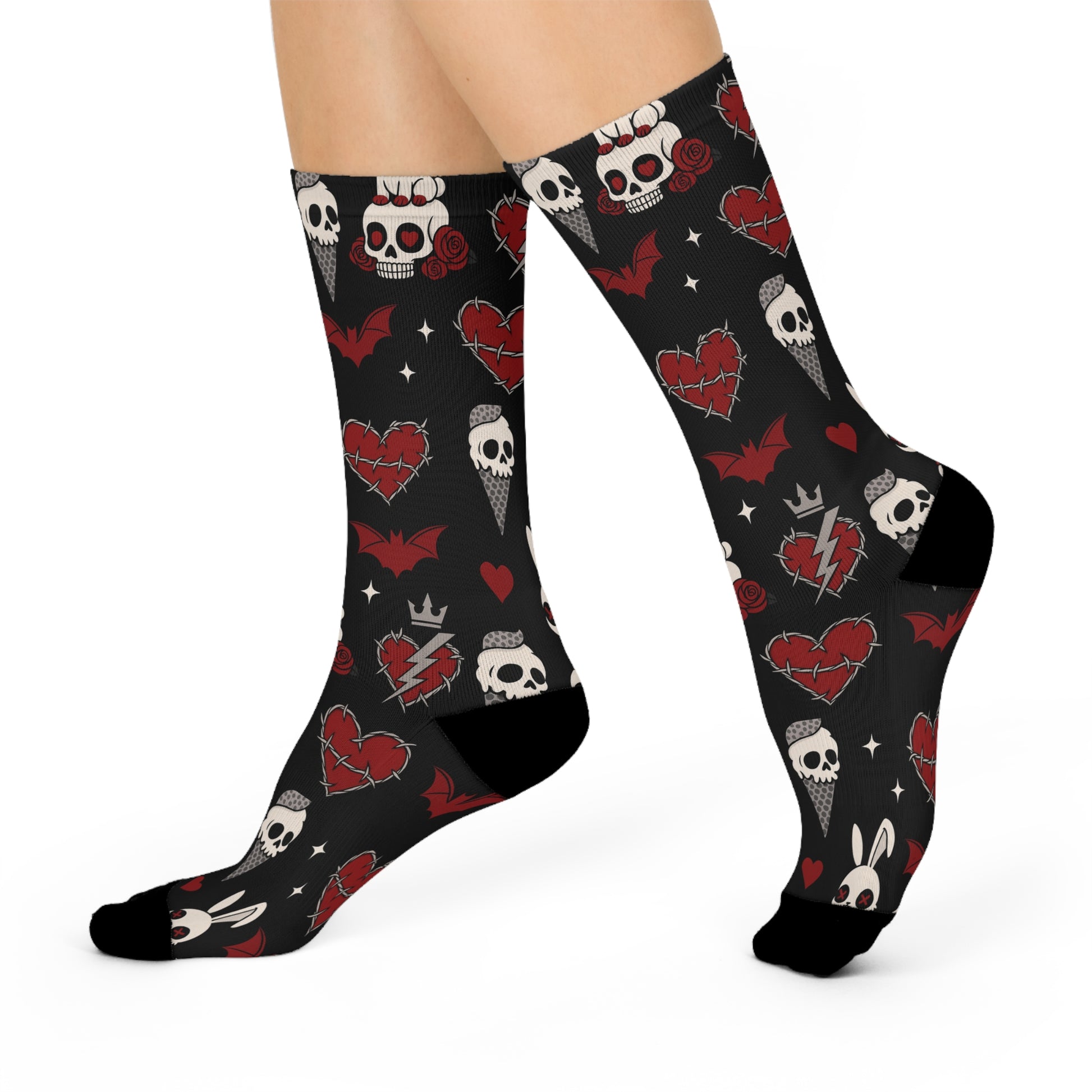 Cryptstep cushioned crew socks with gothic design
Alternative fashion punk rock socks with gothic motif
Edgy gothic crew socks for daily wear and festivals
