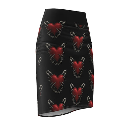 punk rock pencil skirt, gothic heart skirt, bodycon punk skirt, alternative fashion pencil skirt, edgy rocker girl skirt, rebellious gothic outfit