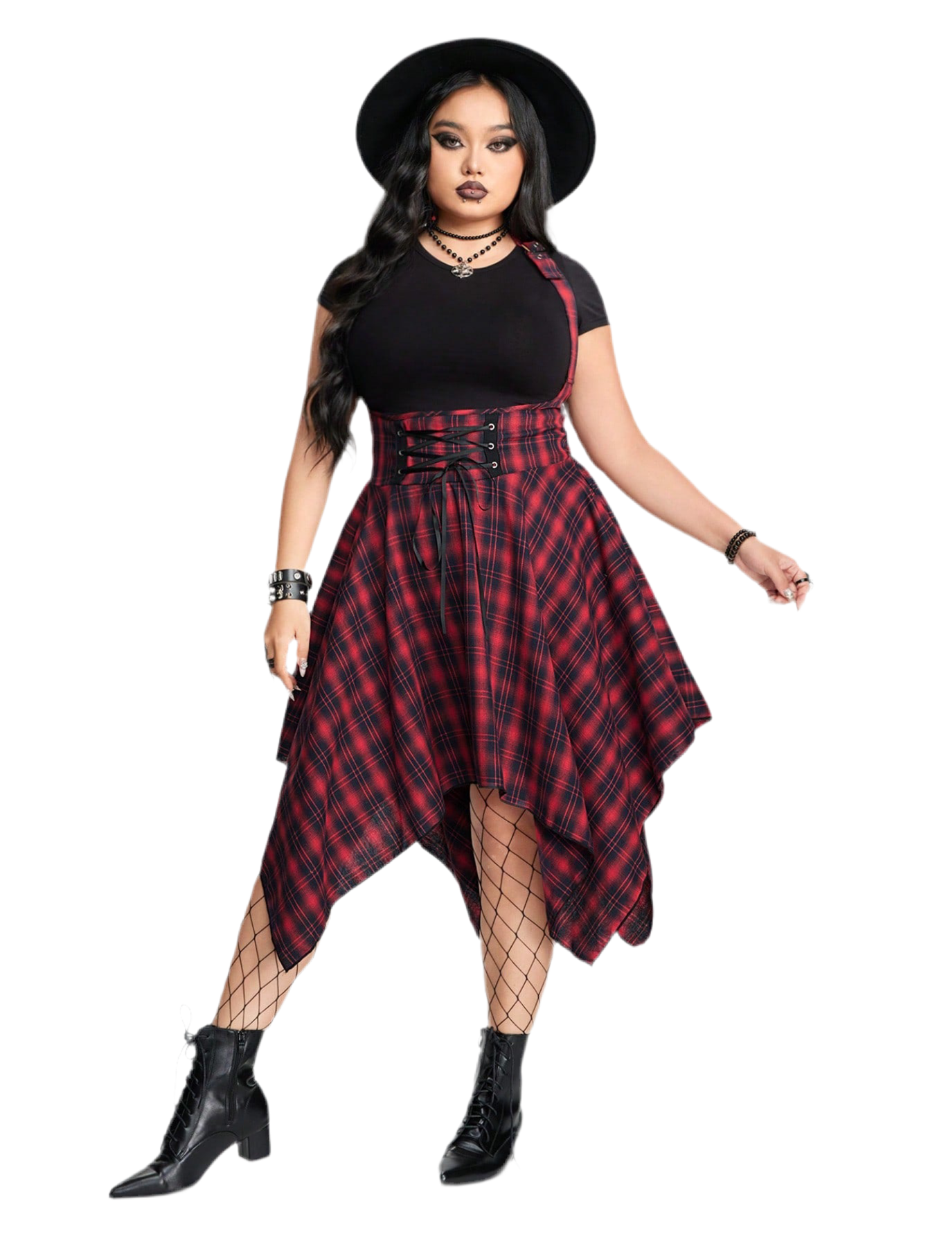 Grunge plaid jumpsuit dress - alternative Valentine's fashion featuring asymmetric hem and inclusive sizing S-5XL