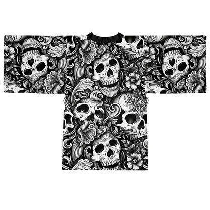 Alternative skull print kimono robe - dark elegant loungewear featuring flowing design and inclusive sizing S-5XL