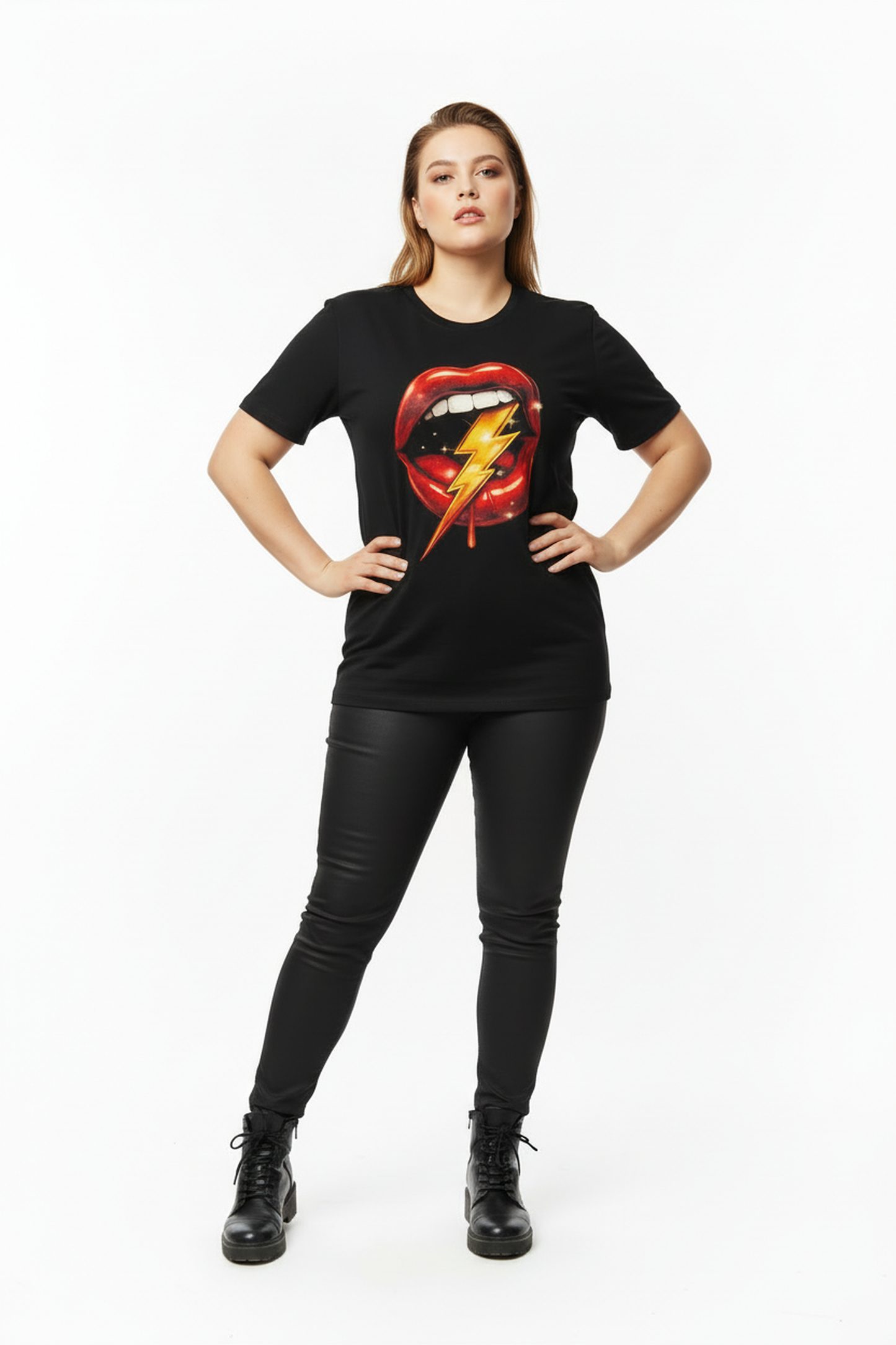 Person wearing a black t-shirt with a graphic design on a white background