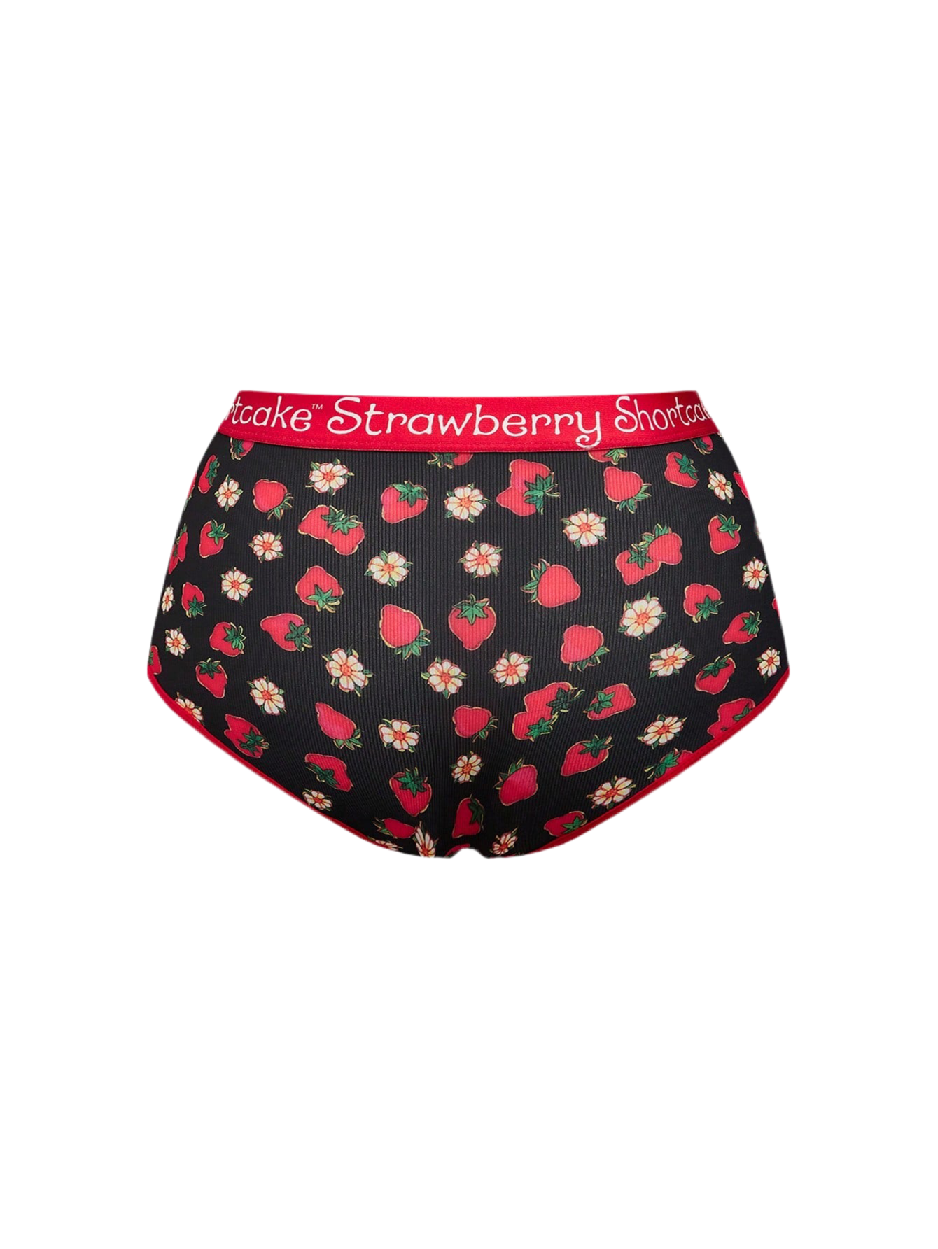 Loungewear bottoms from the front featuring comfortable elastic waistband and strawberry pattern detail and font. 