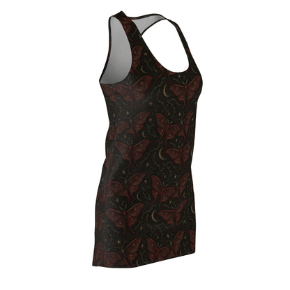 Crimson Muse gothic maxi dress in crimson tones 
Black dress with crimson red moth pattern on a white background
Edgy butterfly pattern punk rock dress