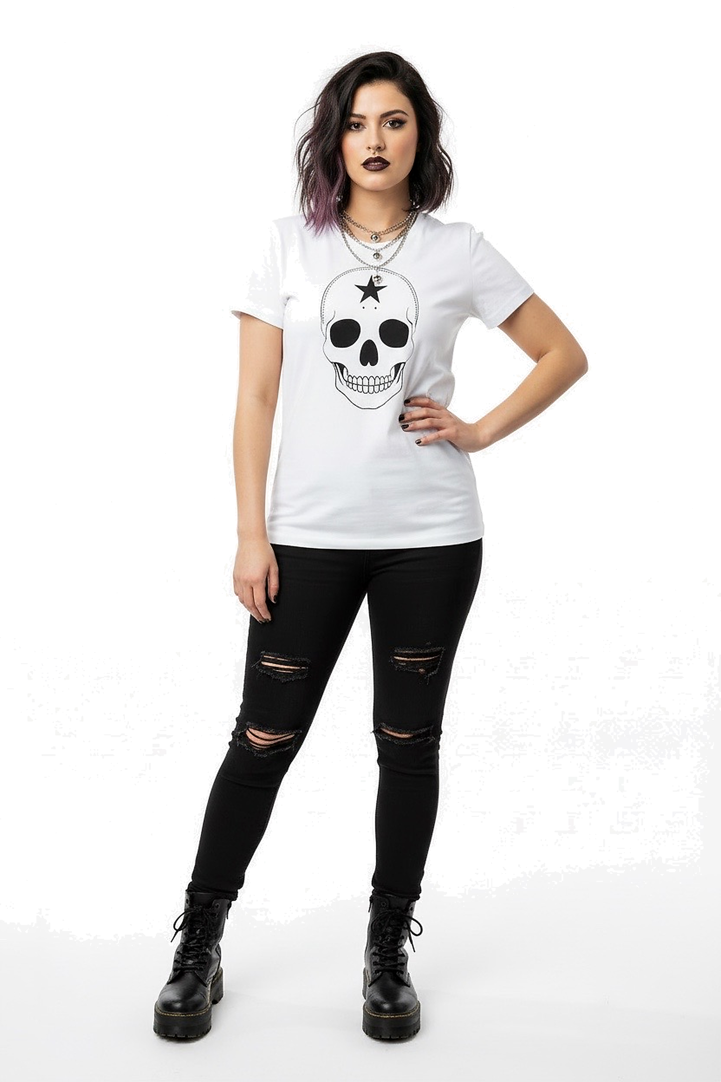 Model wearing Midnight Crest Skull graphic tee