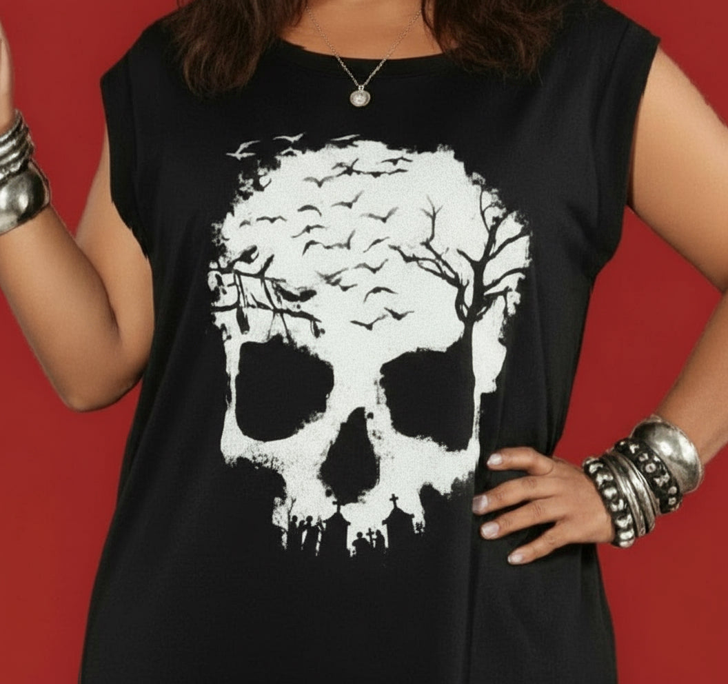 Black sleeveless top with white skull design worn by a person against a red background