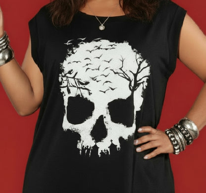 Black sleeveless top with white skull design worn by a person against a red background