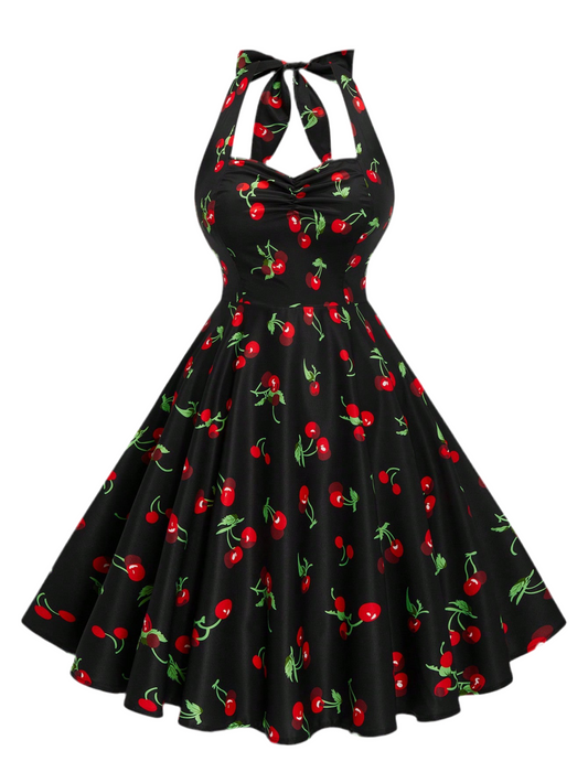 Rockabilly pinup halter dress with retro cherry design- pin-up style featuring V-neck and swing skirt in inclusive sizing S-4XL