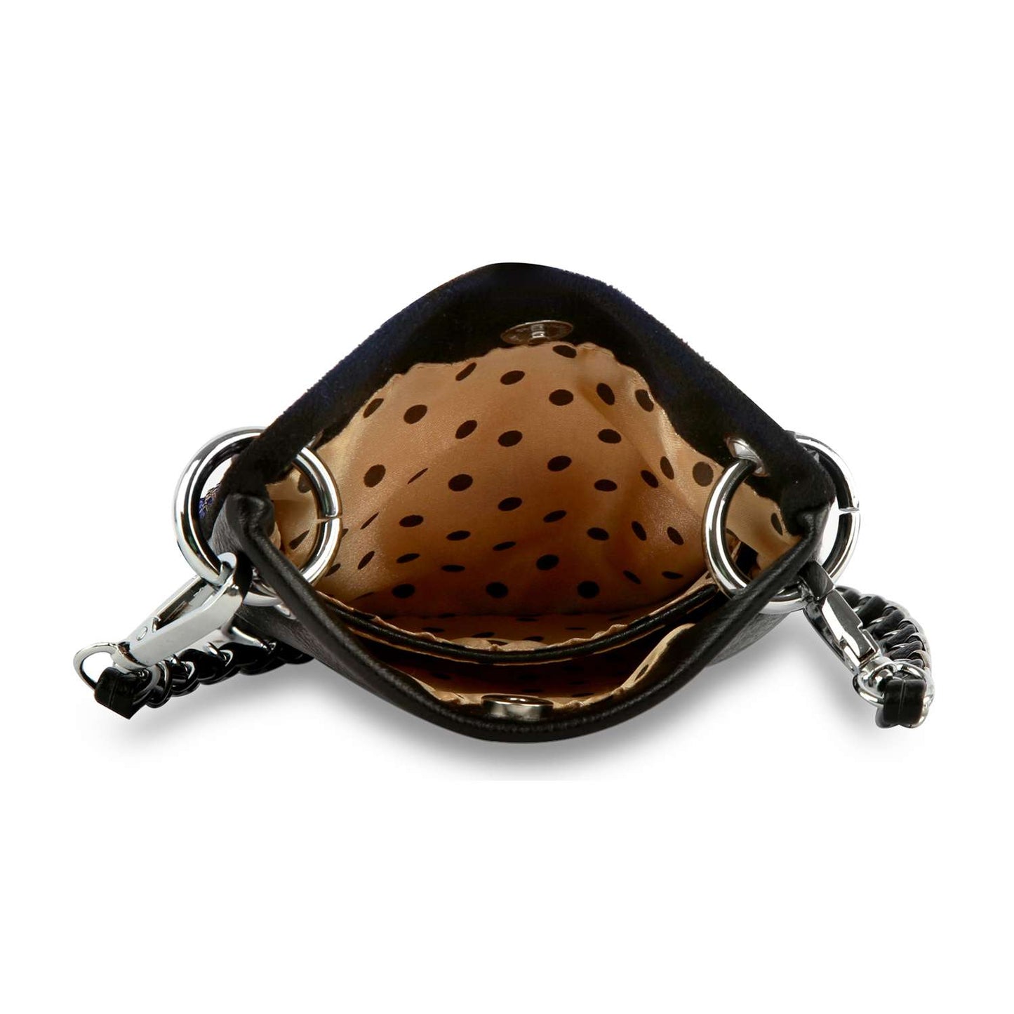 Black leather handbag with a polka dot interior on a white background