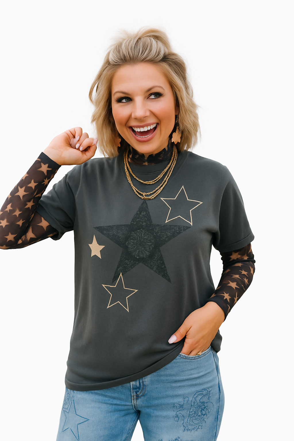 Paisley Riot Tee — black and white paisley star print shirt
Gothic paisley t-shirt with star motif in punk rock style
Alternative fashion tee with paisley and star design
