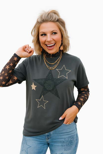 Paisley Riot Tee — black and white paisley star print shirt
Gothic paisley t-shirt with star motif in punk rock style
Alternative fashion tee with paisley and star design
