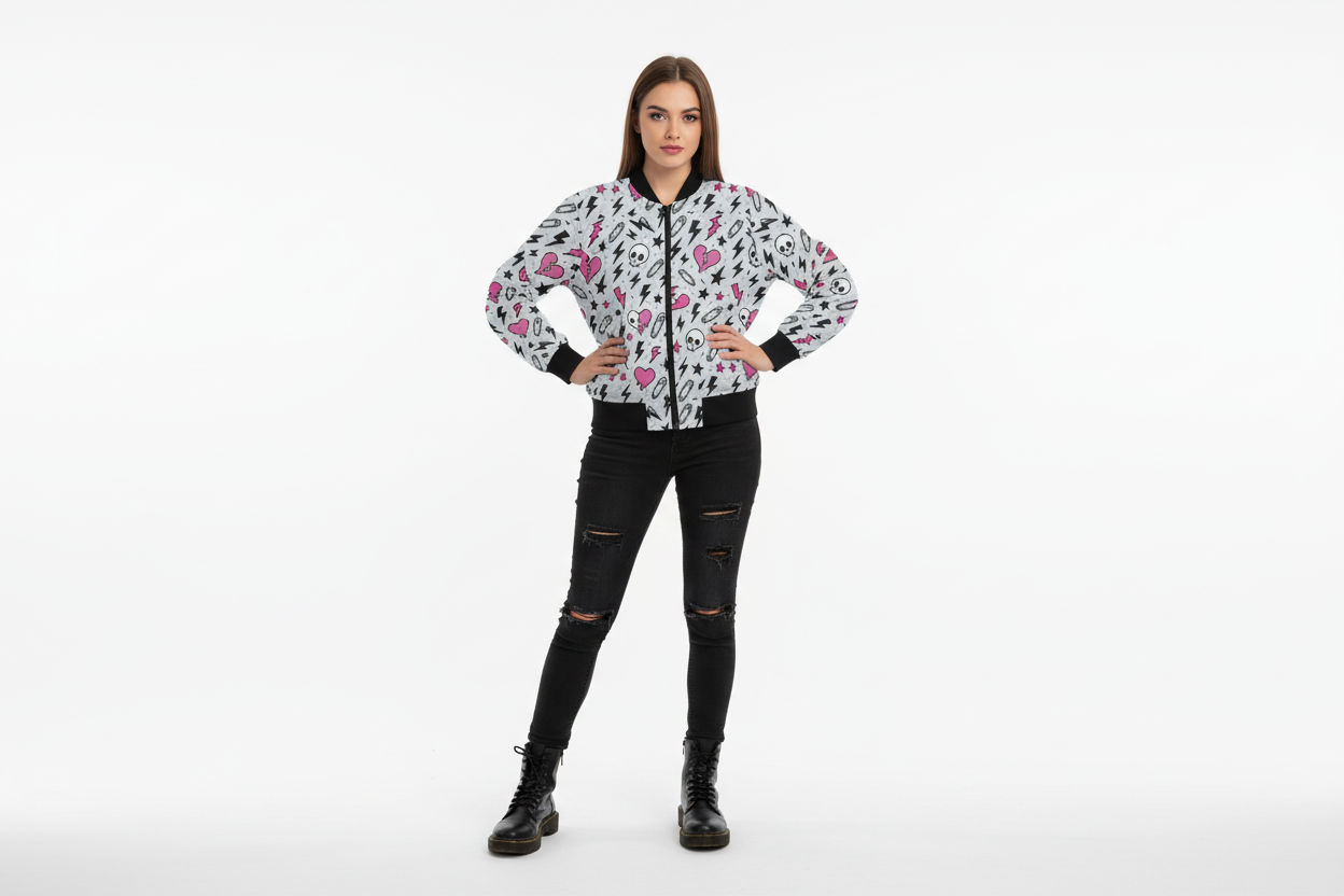 Woman wearing a floral jacket and black pants on a white background