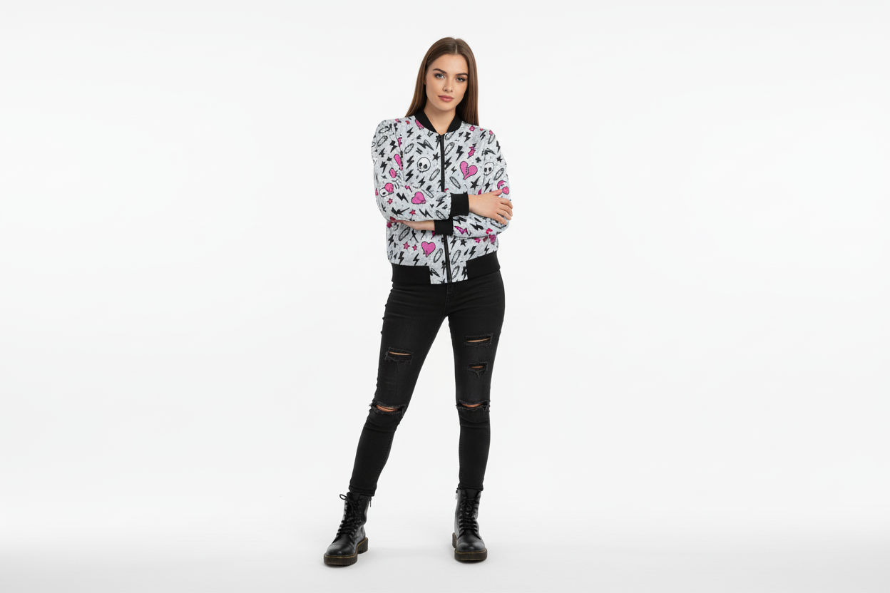 Woman wearing a patterned jacket and black pants on a white background