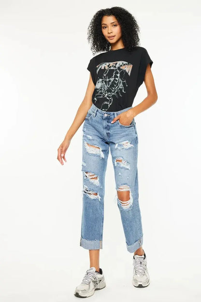 Mid Rise Distressed Kancan Boyfriend Jeans - Medium Wash