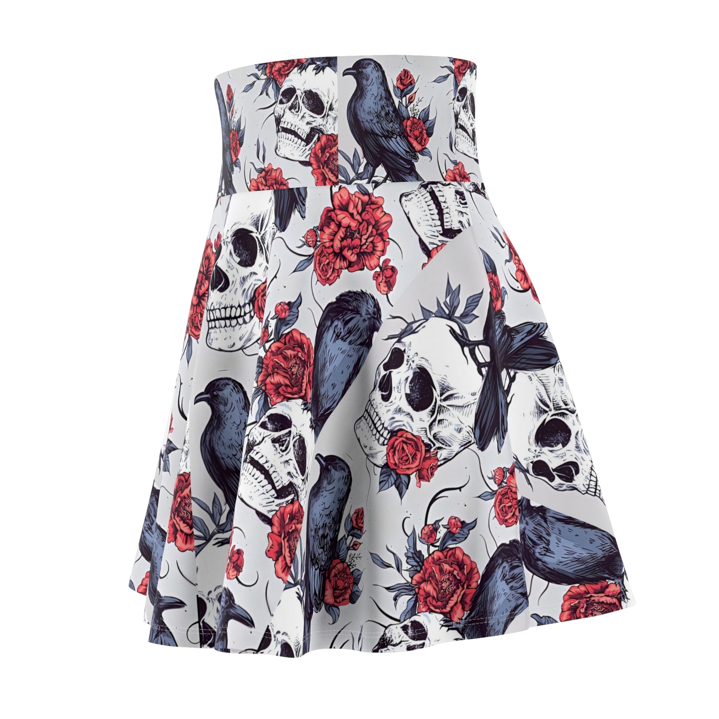 "Gothic skater skirt with raven design shown on size-inclusive model, featuring flared silhouette and high waist"
