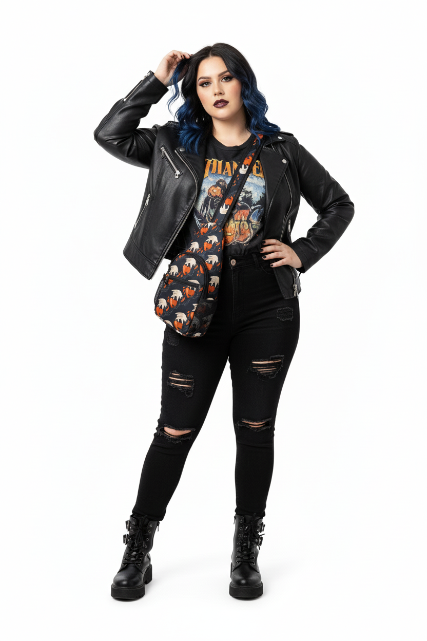Person wearing a black leather jacket, graphic t-shirt, and ripped jeans on a white background