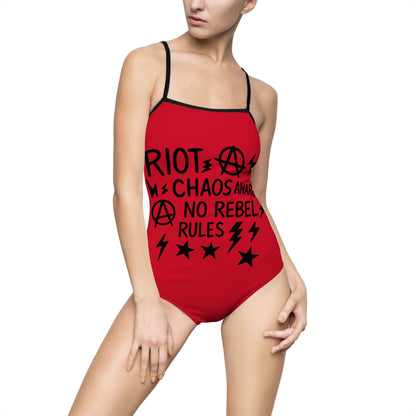 Red Riot punk one-piece swimsuit with skull design
Gothic skull swimsuit in red tones
Edgy alternative fashion punk swimsuit