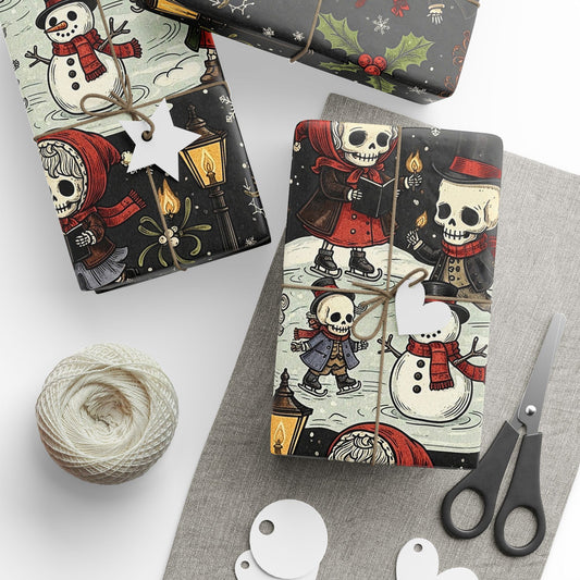 Deck The Halls With Little Skulls In Black Holiday Wrapping Paper In Black - Pack of 10