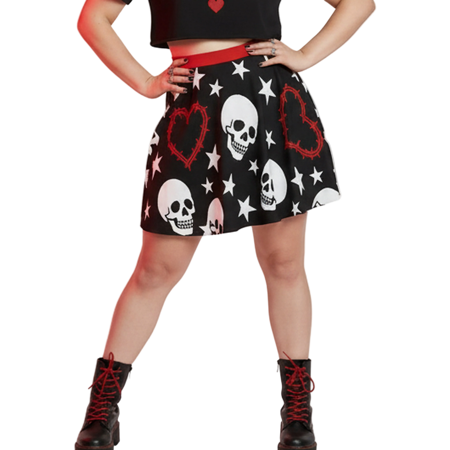 Heartwired Skater Skirt | High-Waisted Flared Mini Skirt (Skulls + Stars + Barbed Hearts)