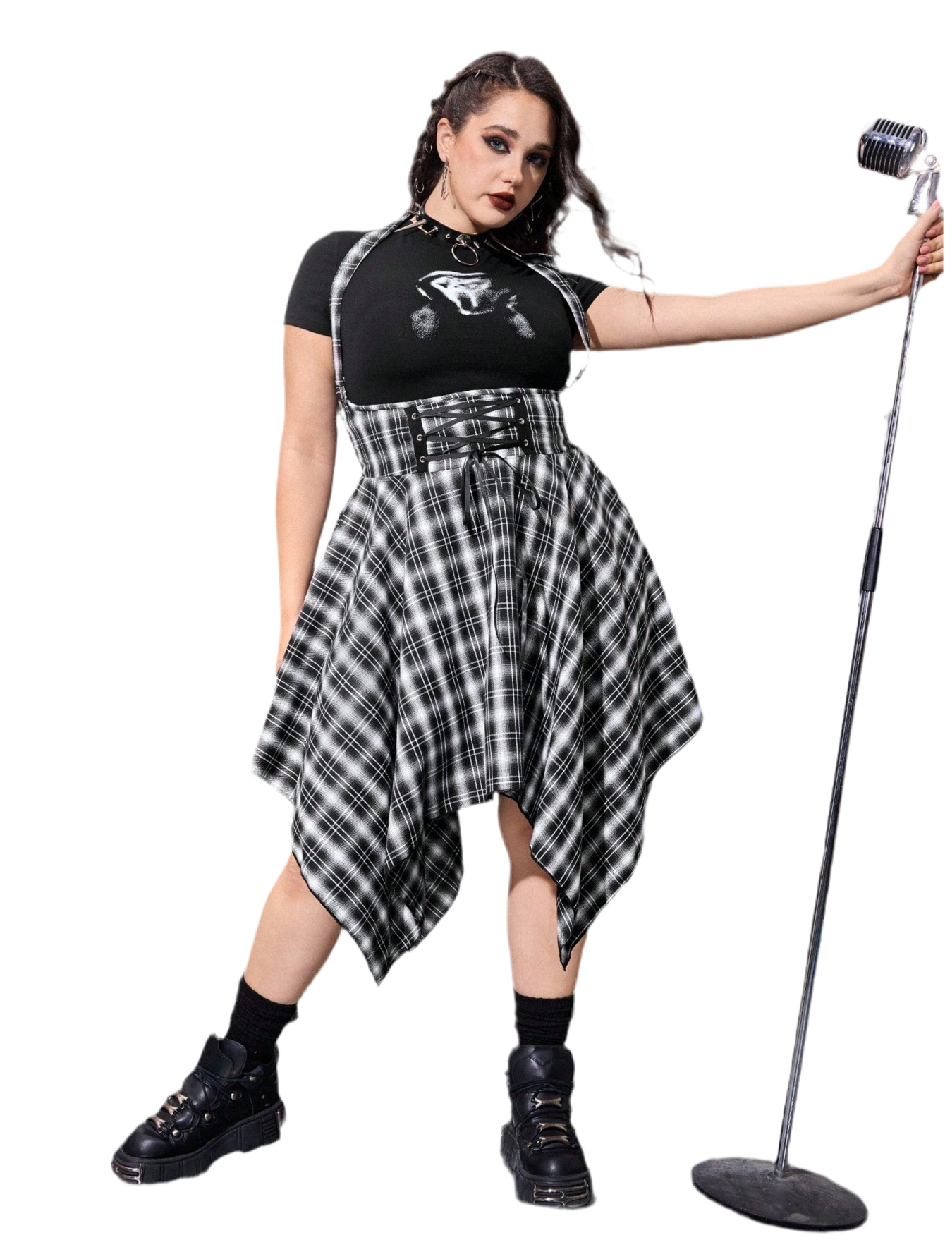 Grunge plaid jumpsuit dress - alternative Valentine's fashion featuring asymmetric hem and inclusive sizing S-5XL