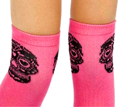 Pink and black sugar skull knee-high socks
Alternative fashion socks with gothic sugar skull motif
Punk rock knee-high socks with bold pink design
