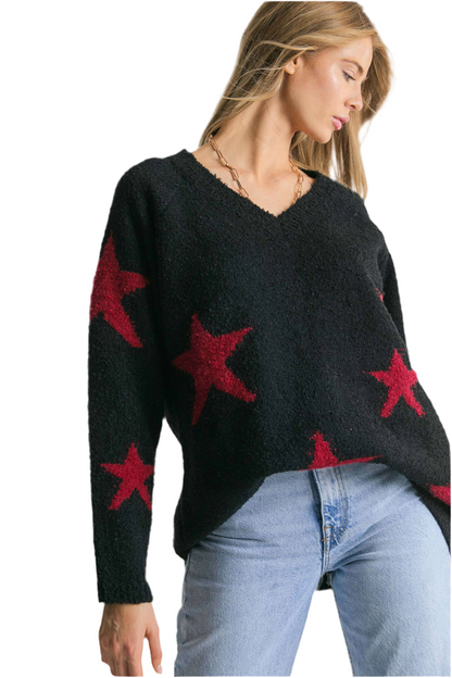 Oversized gothic sweater with star print design
V-neck grunge knit sweater with star motif
Alternative fashion oversized knit sweater in gothic style