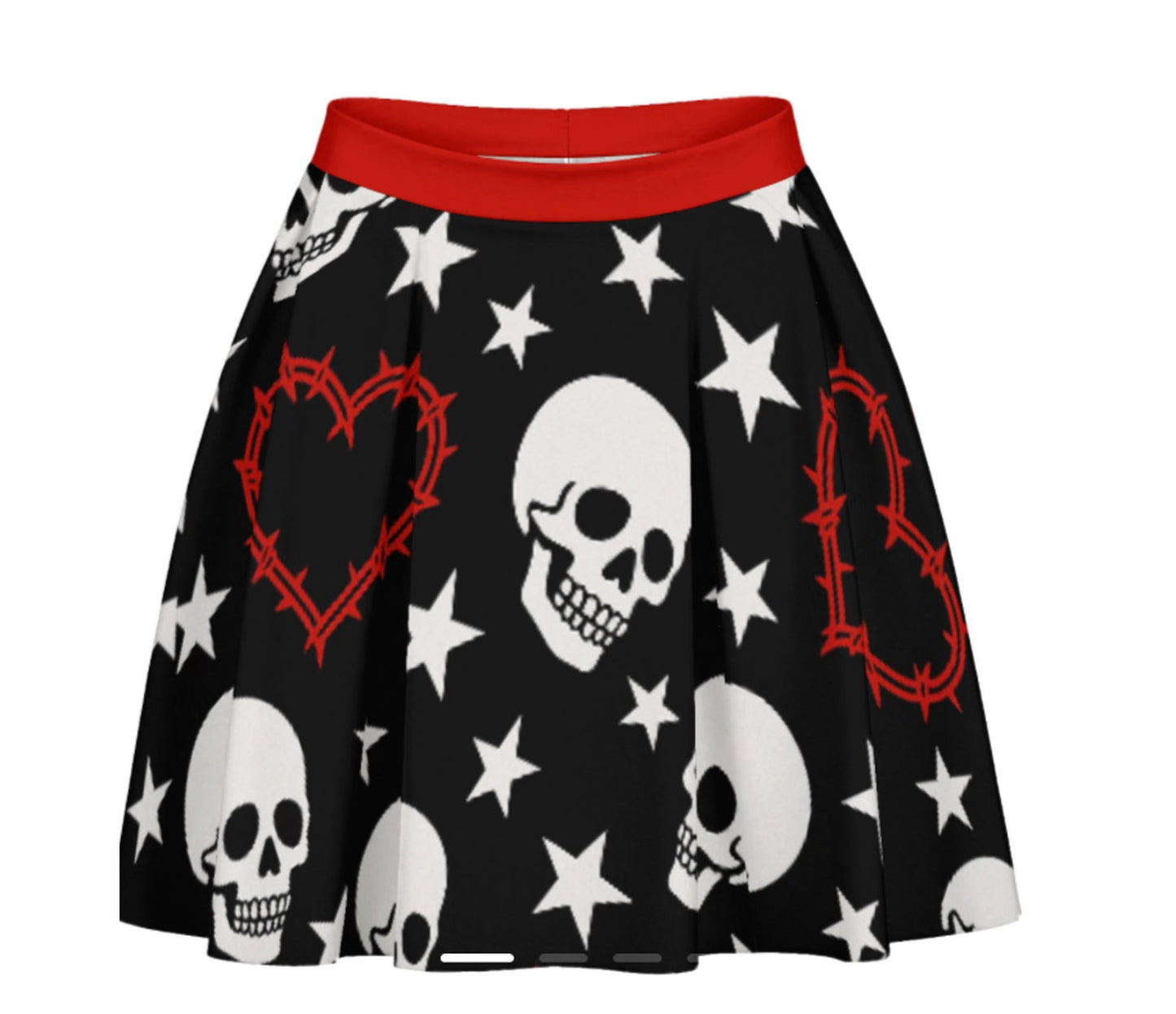 Heartwired Skater Skirt | High-Waisted Flared Mini Skirt (Skulls + Stars + Barbed Hearts)