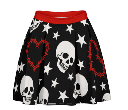 Heartwired Skater Skirt | High-Waisted Flared Mini Skirt (Skulls + Stars + Barbed Hearts)