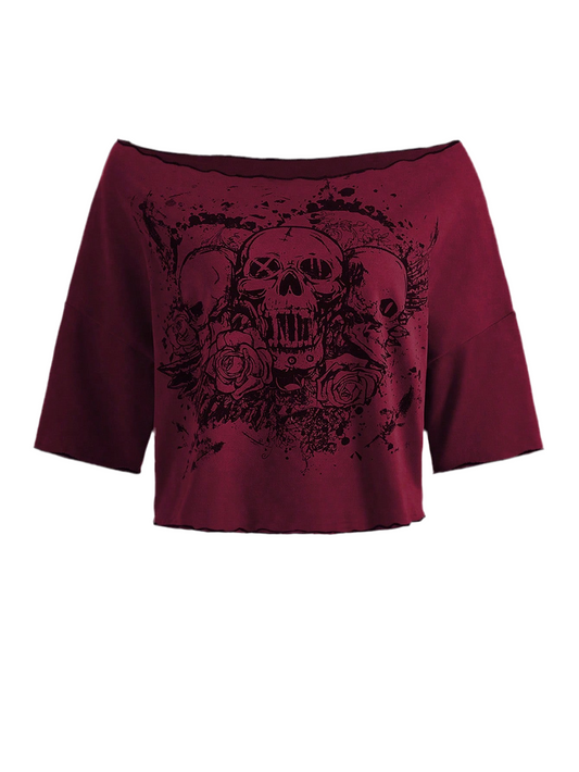 Gothic red off-shoulder t-shirt with edgy skull design - alternative fashion sizes S-5XL