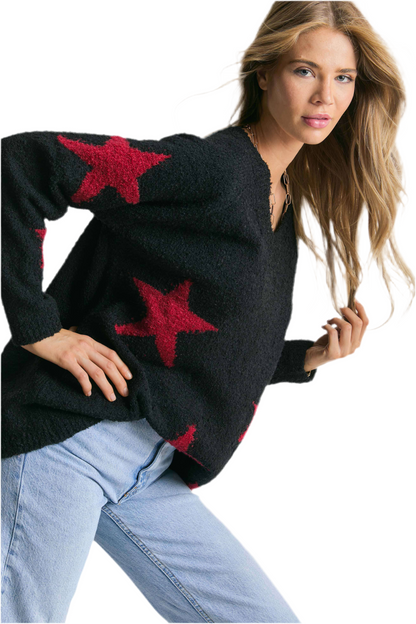 Oversized gothic sweater with star print design
V-neck grunge knit sweater with star motif
Alternative fashion oversized knit sweater in gothic style