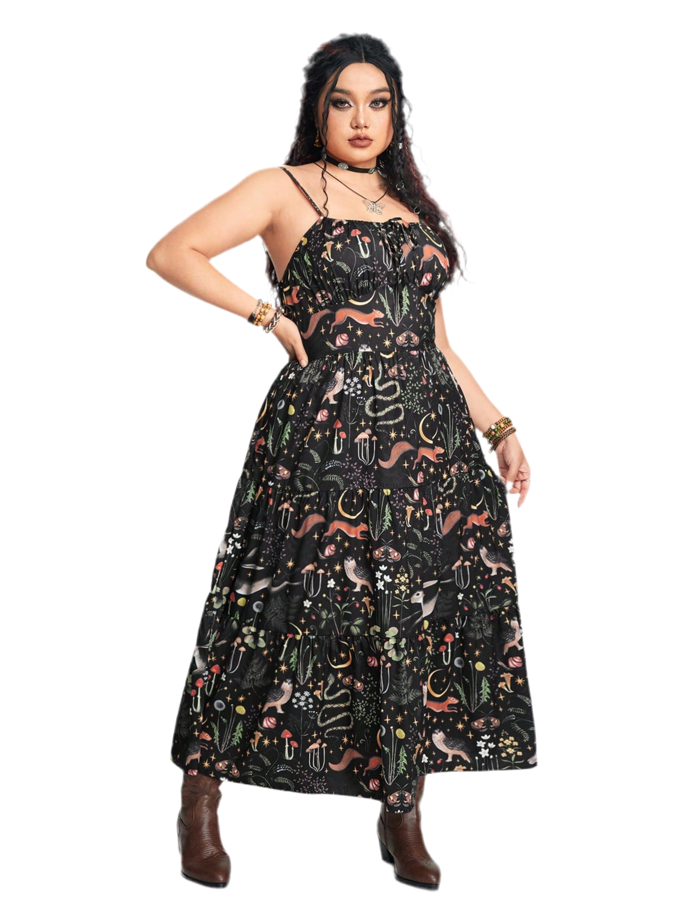 Gothic A-line dress with bunny and botanical print - dark romantic fashion featuring slim fit and inclusive sizing S-5XL