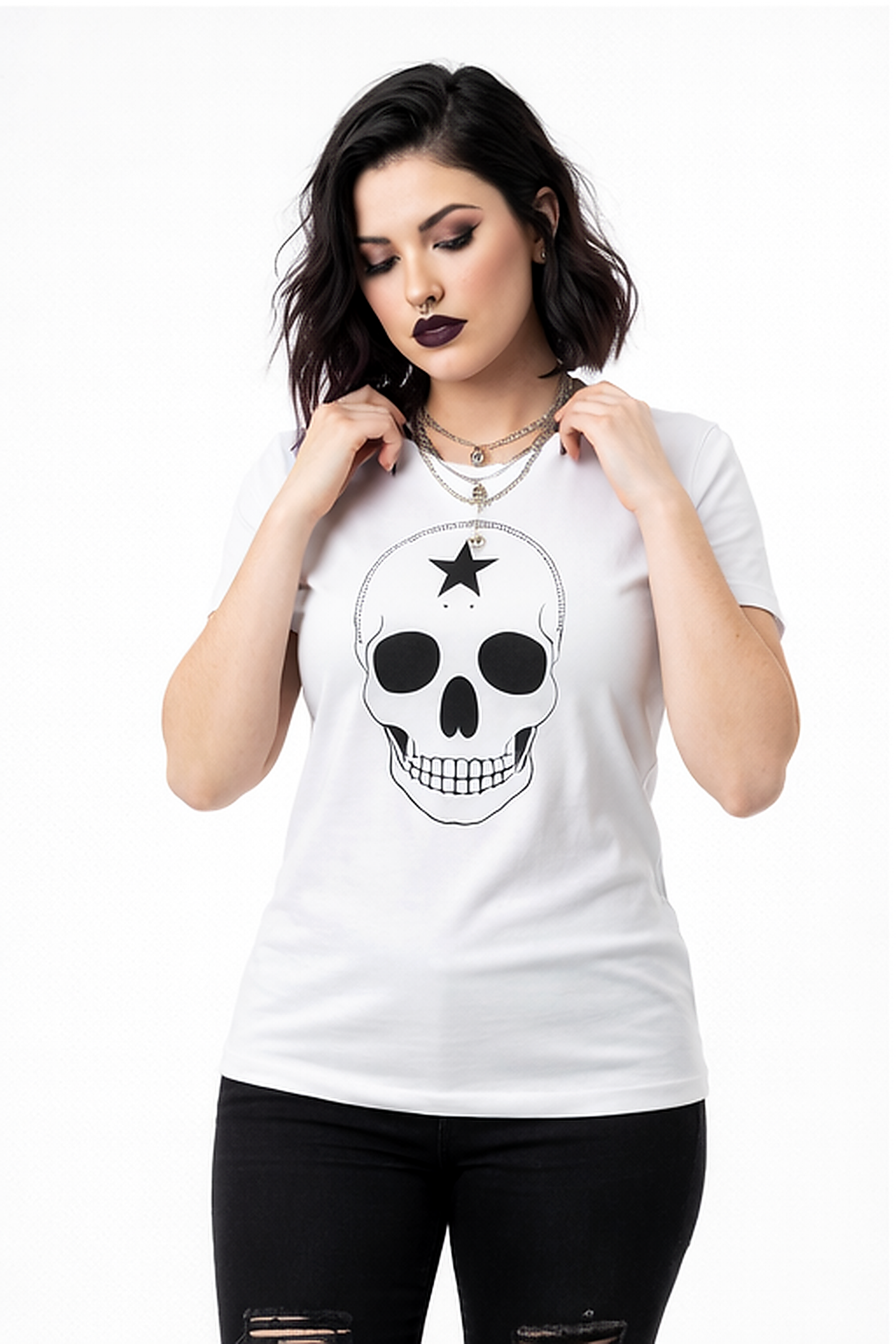 Model wearing Midnight Crest Skull Tee with accessories