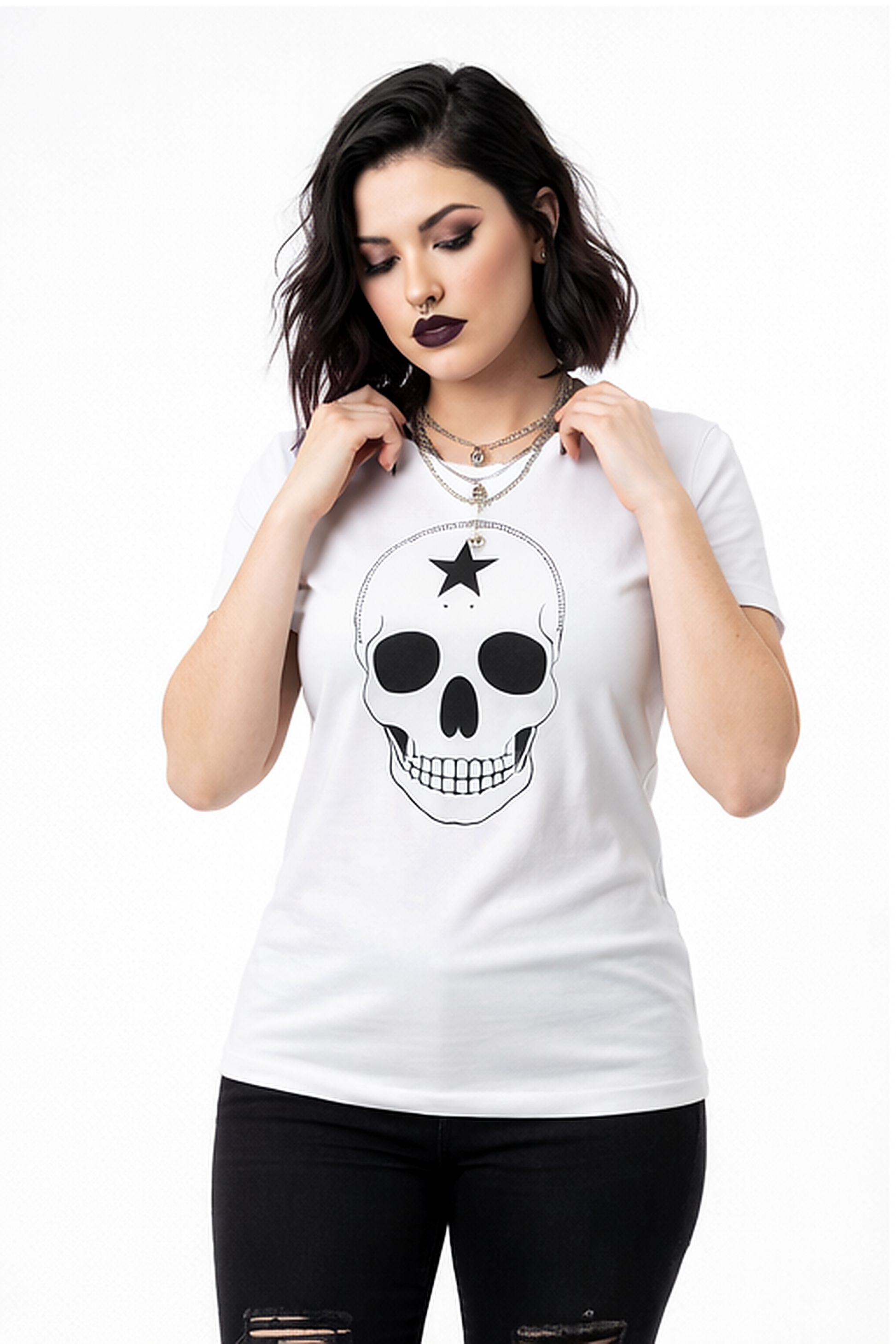 Model wearing Midnight Crest Skull Tee with accessories