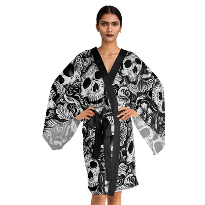Alternative skull print kimono robe - dark elegant loungewear featuring flowing design and inclusive sizing S-5XL