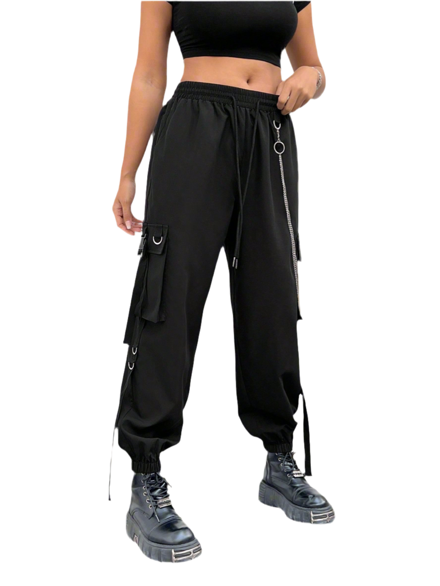 Edgy cargo pants with chain details - alternative fashion featuring edgy design and inclusive sizing S-5XL