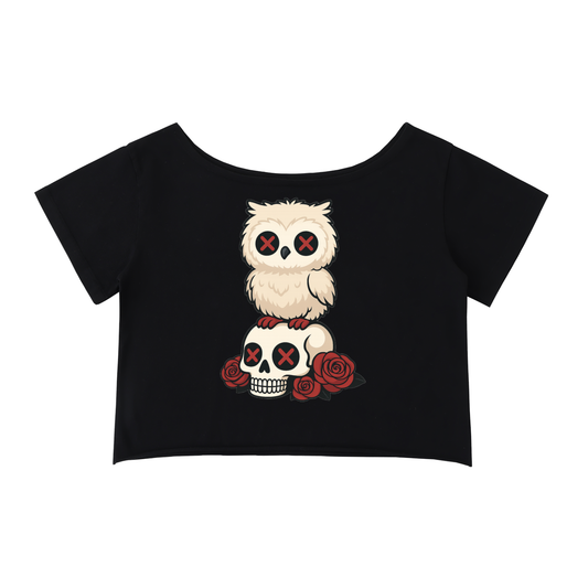 Ashen Off-Shoulder gothic t-shirt in black cotton
Alternative fashion off-shoulder tee with rolled hem
Edgy punk rock off-shoulder top for women
