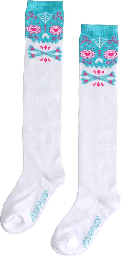 White sugar skull socks with gothic print
Alternative fashion crew socks with sugar skull design
Punk rock novelty socks in white with skull motif
