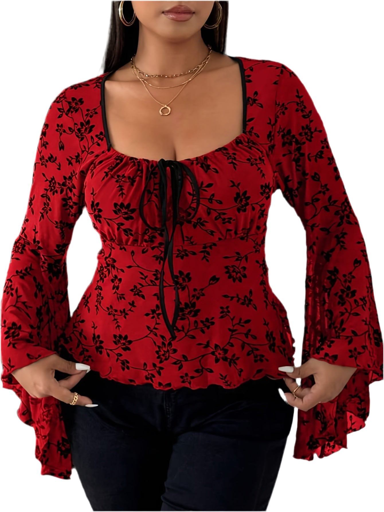 Blood Blossom gothic floral top with puffed sleeves and bows
Alternative fashion gothic blouse in crimson floral print
Edgy punk rock top with gothic romantic elegance
