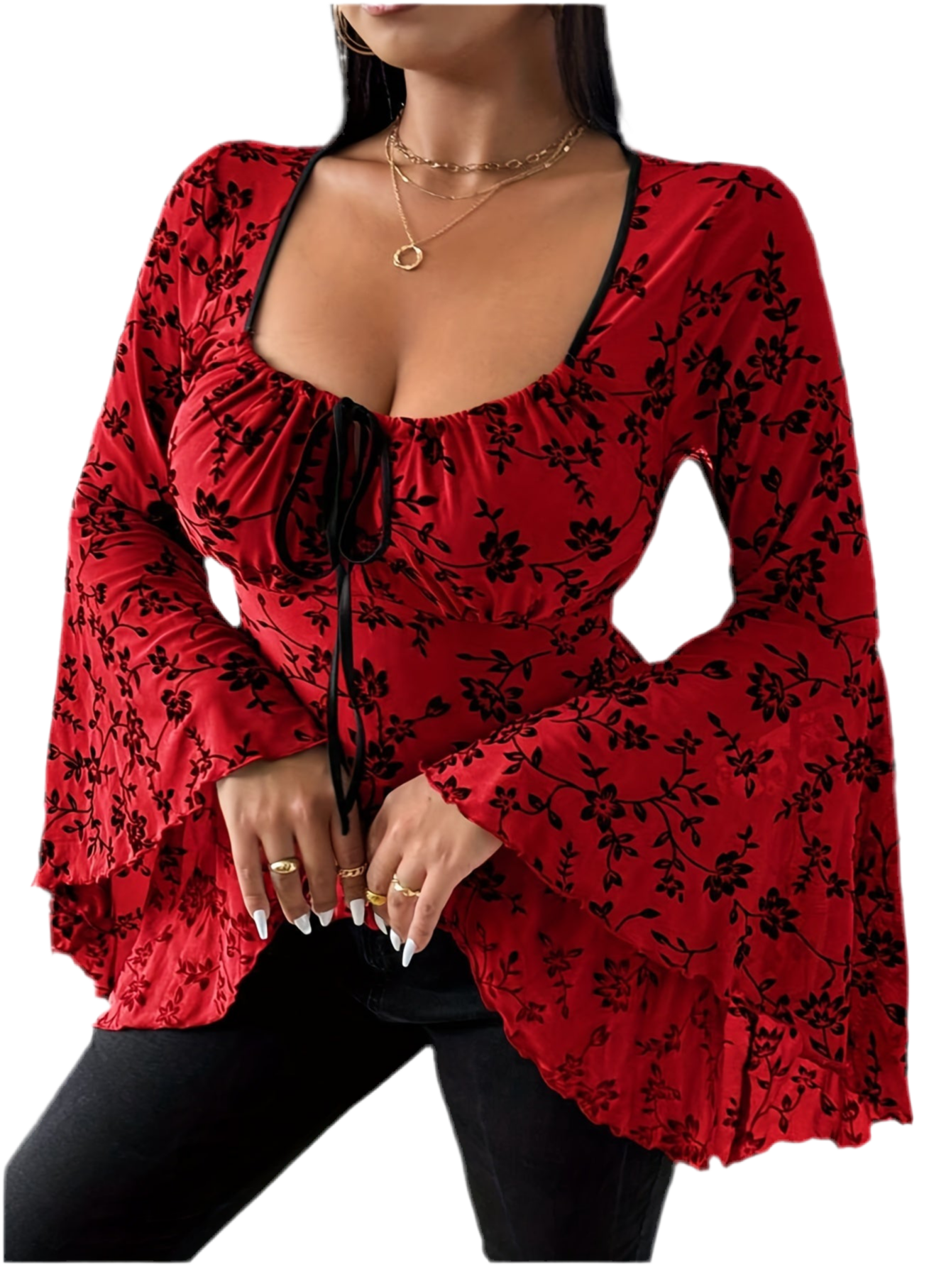 Blood Blossom gothic floral top with puffed sleeves and bows
Alternative fashion gothic blouse in crimson floral print
Edgy punk rock top with gothic romantic elegance

