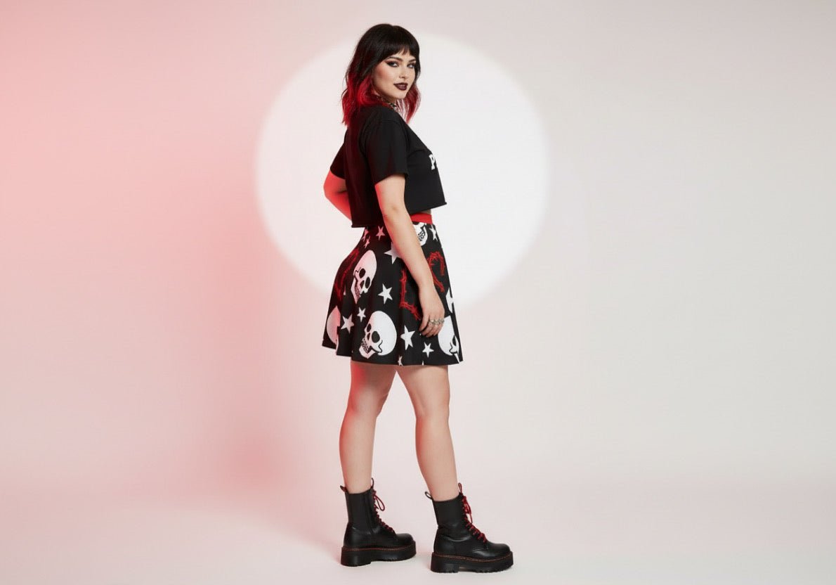 Heartwired Skater Skirt | High-Waisted Flared Mini Skirt (Skulls + Stars + Barbed Hearts)