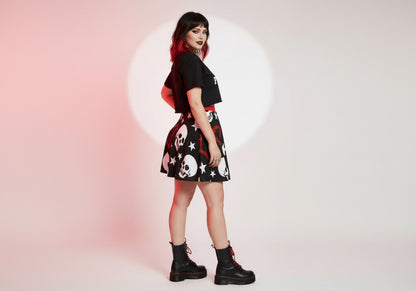 Heartwired Skater Skirt | High-Waisted Flared Mini Skirt (Skulls + Stars + Barbed Hearts)