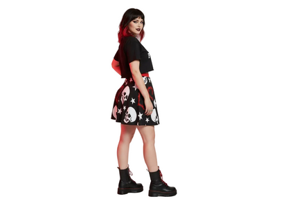 Heartwired Skater Skirt | High-Waisted Flared Mini Skirt (Skulls + Stars + Barbed Hearts)