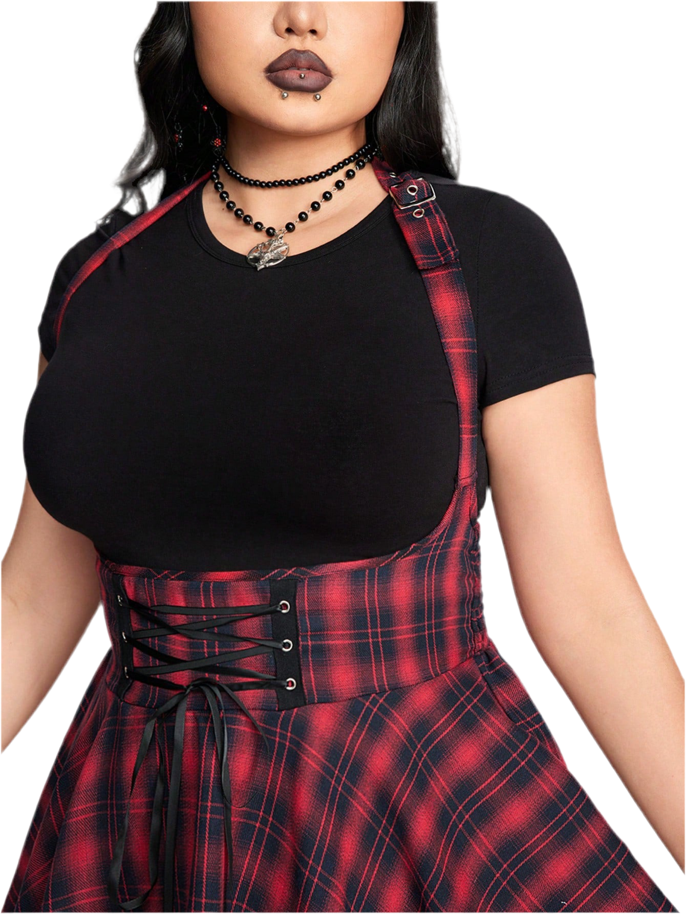 Grunge plaid jumpsuit dress - alternative Valentine's fashion featuring asymmetric hem and inclusive sizing S-5XL